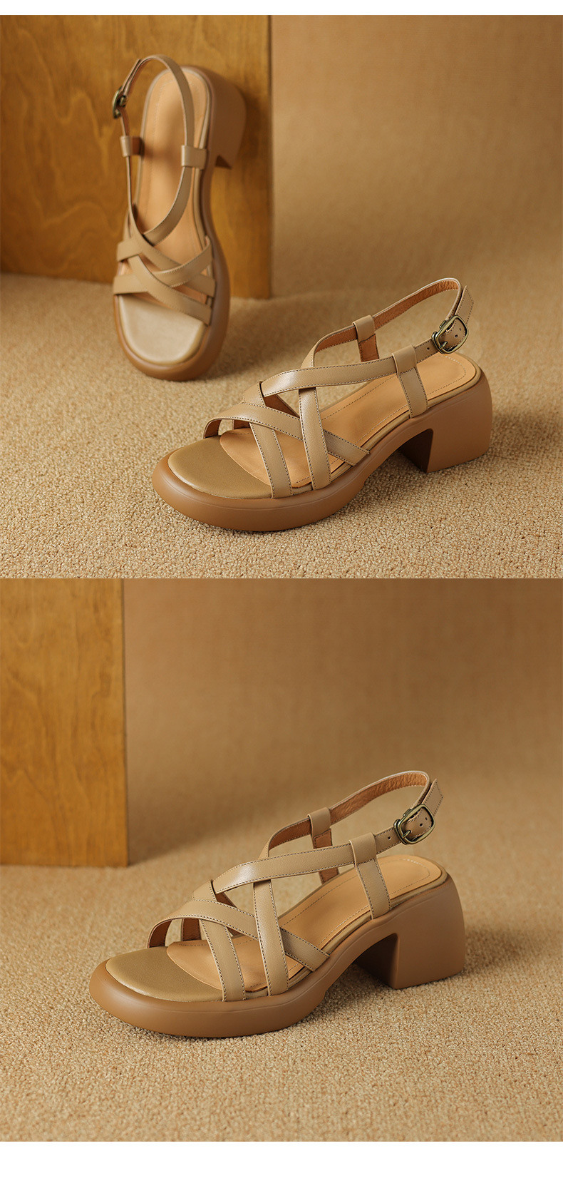 Sandal nữ quai ngang da bò đế xuồng gót cao phong cách La Mã — nâu chi tiết 14