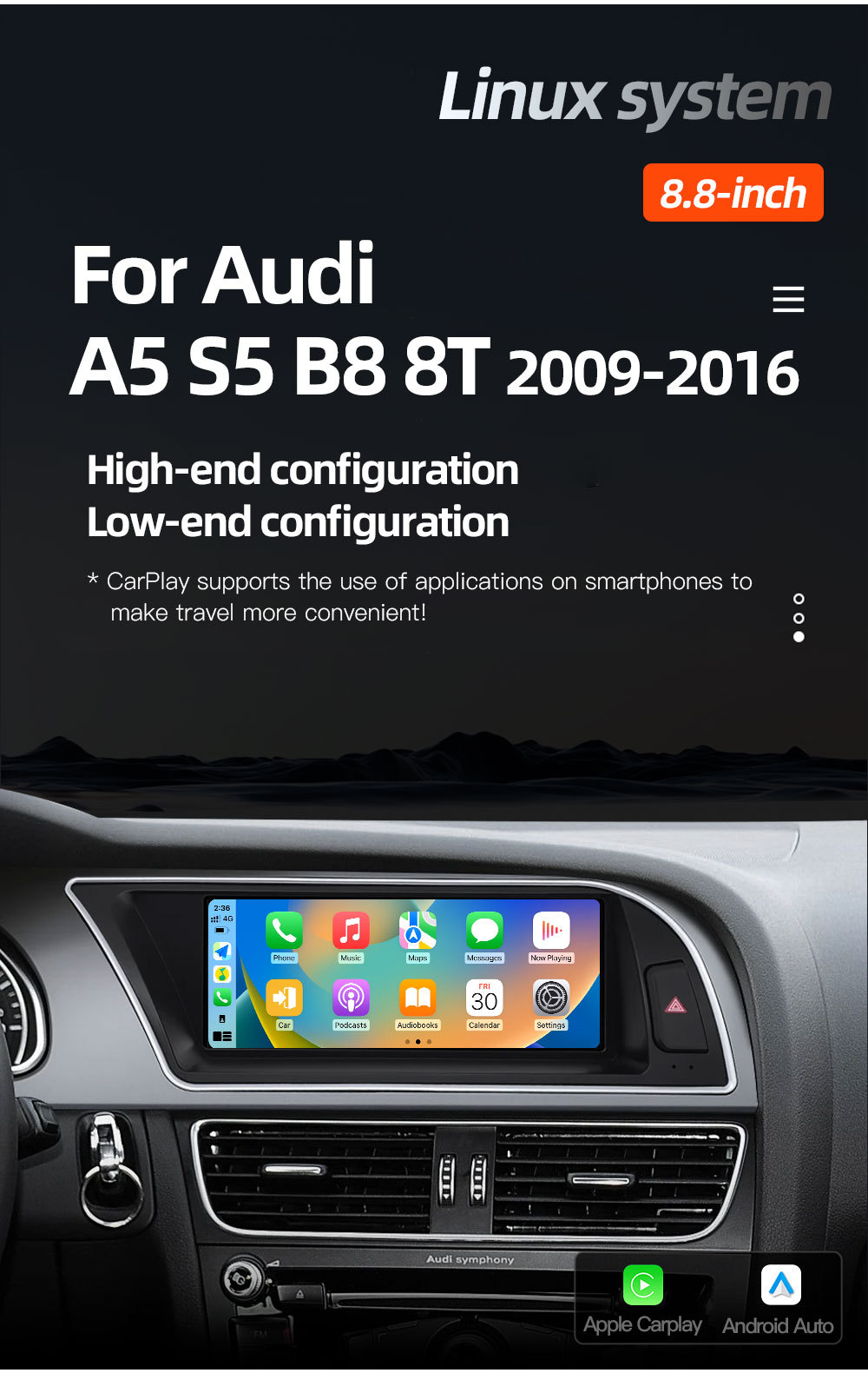 8.8inch Suitable for Audi A5 S5 B8 8t Car Central Control Large Screen Navigation Carplay Player