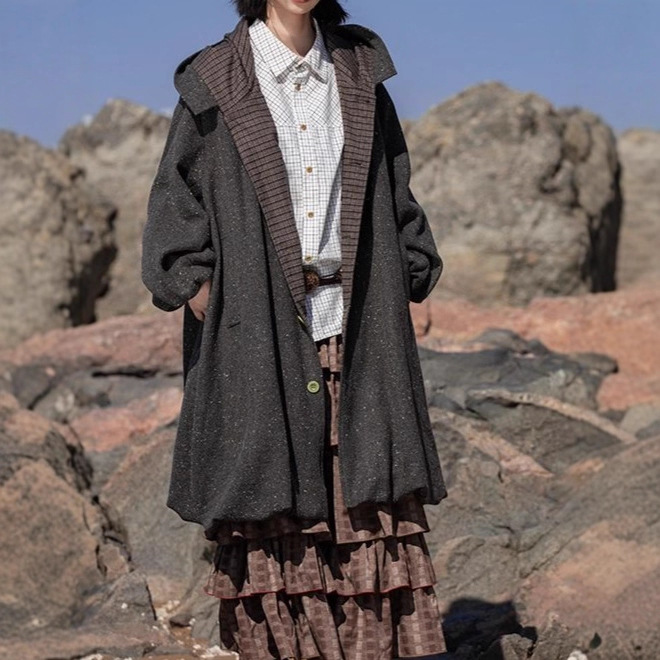 Saotoe Japanese Style Retro Hooded Bud Woolen Mid-Length Outwear