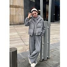 连帽卫衣羽绒马甲三件套女欧货2025冬季新款加绒阔腿裤休闲套装