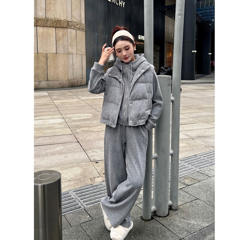 Hooded Sweatshirt, down Vest, Three-Piece Set for Women, European Goods 2025 Winter New Style Fleece-Lined Wide-Leg Pants Casual Suit