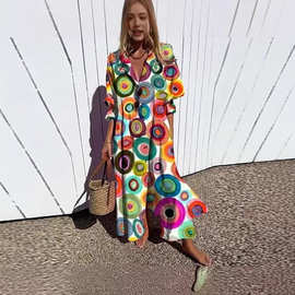 2024跨境亚马逊女装新款大码款缩褶欧美独立站印花气质通勤连衣裙