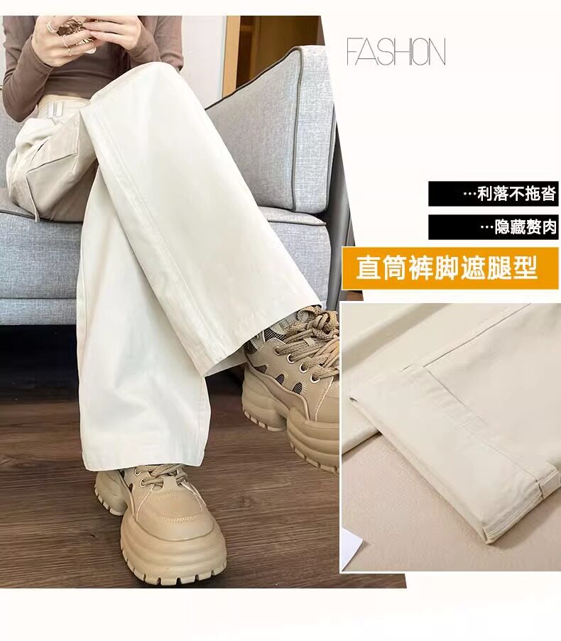 Quần cargo ống thẳng nữ dáng suông lưng cao phong cách thoải mái — Kaki (người đàn ông nhỏ), Kaki (thông thường), Màu đen (thân hình nhỏ), Màu đen (thông thường) chi tiết 16