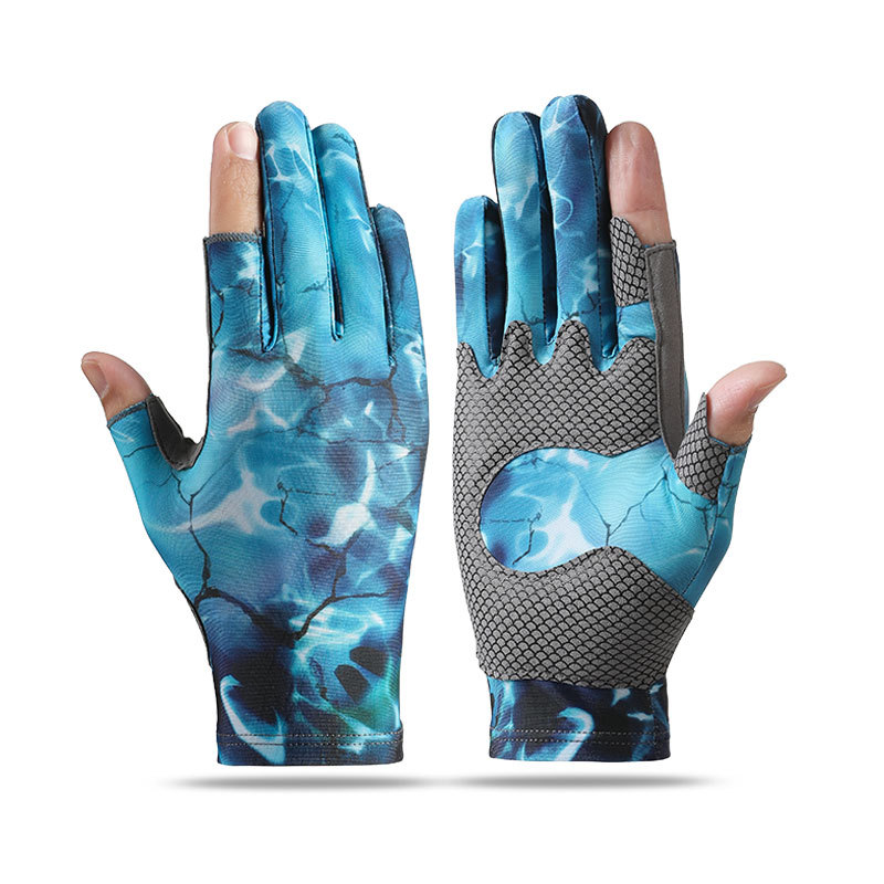 Guantes de pesca de los hombres de primavera y verano al aire libre de la pesca protección solar antideslizante resistente al desgaste camuflaje frío hielo seda medio dedo transpirable DY