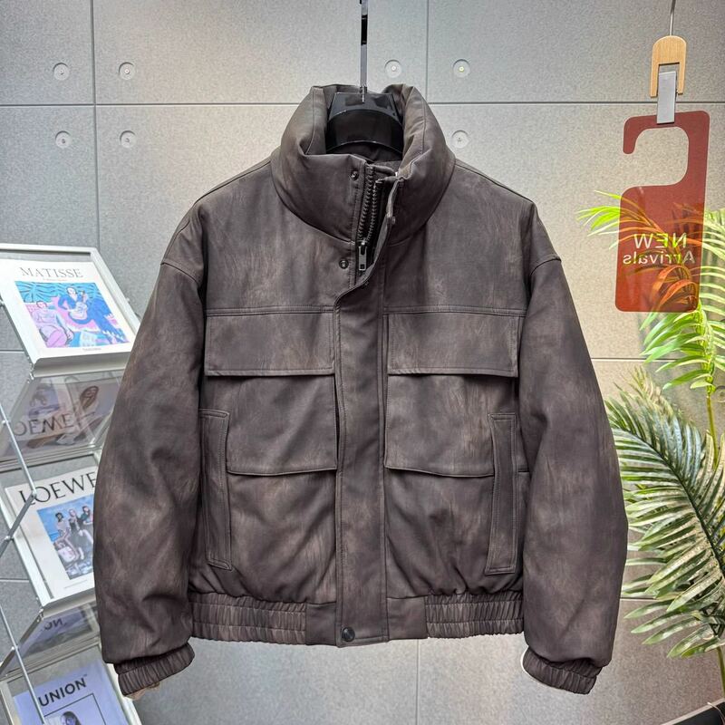 National Standard down Jacket Pu Leather Jacket American Retro Washed Loose Stand Collar Autumn and Winter Warm Multi-Flap Pocket Pants Men's Jacket