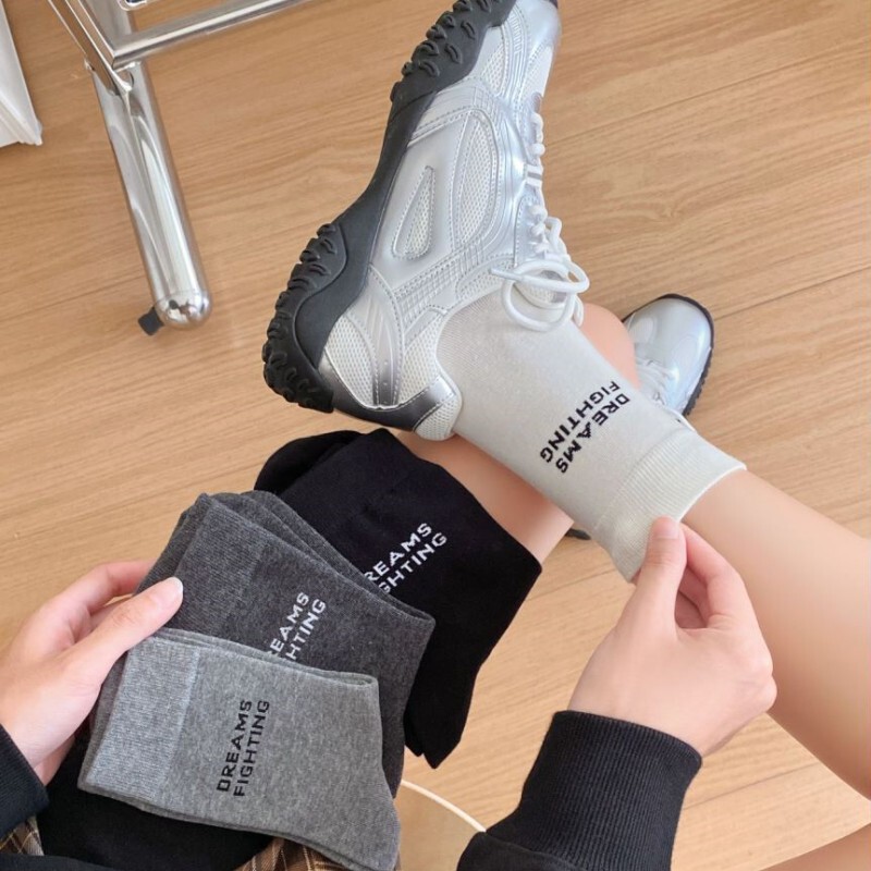 Simple Letter Matching Shark Pants Piled Socks Academy-style Threaded White Socks with sneaker Korean Autumn Style