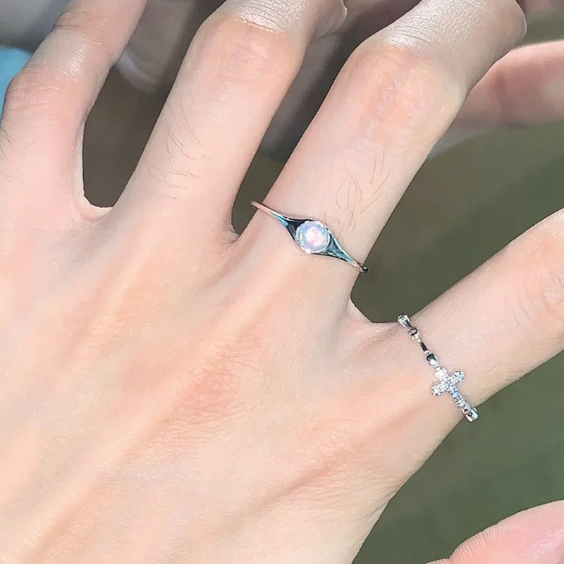 S soffitto impilato in argento puro, design di nicchia, combinazione di coppia di fascia alta Anello geometrico in opale, femmina_voghion.com