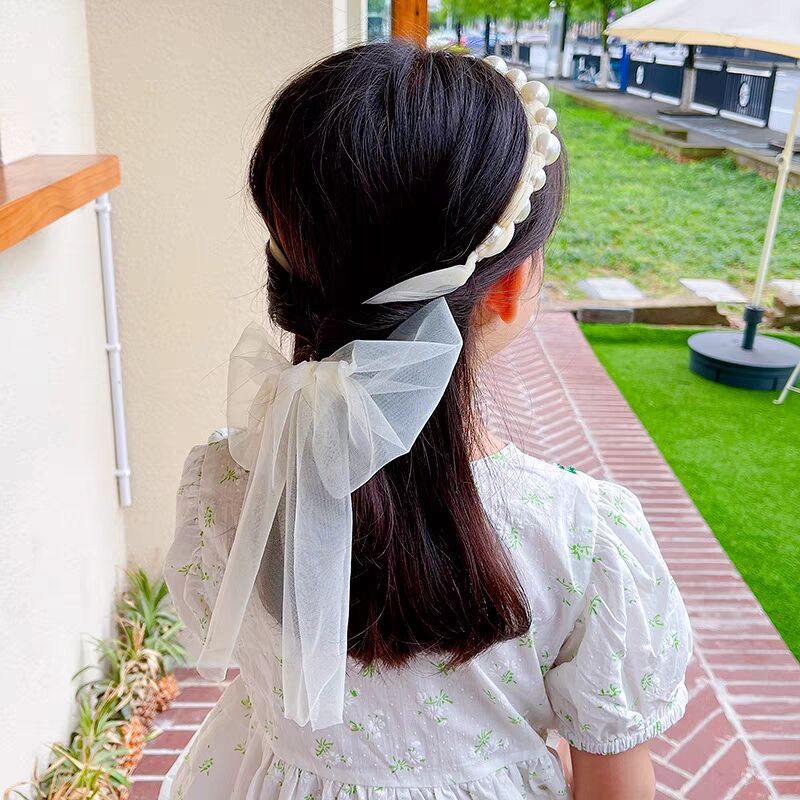 Estilo coreano niñas perla diadema Super hadas malla arco cinta princesa accesorios para el cabello atado trenza tocado niña de las flores