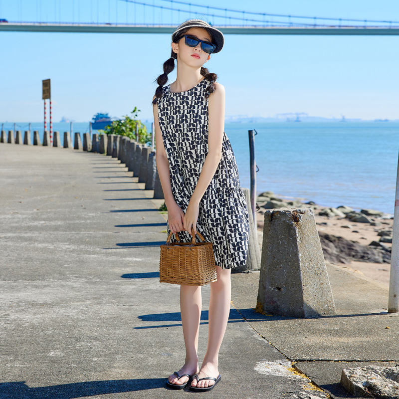 Corea del Sur ropa para niños rombo impreso vestido de las muchachas 2024 verano nueva Alta Calidad niña falda sin mangas moda