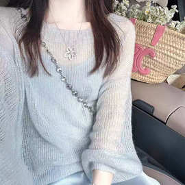 女式圆领微透薄感防晒罩衫春夏新款经典纯色百搭镂空设计套头上衣