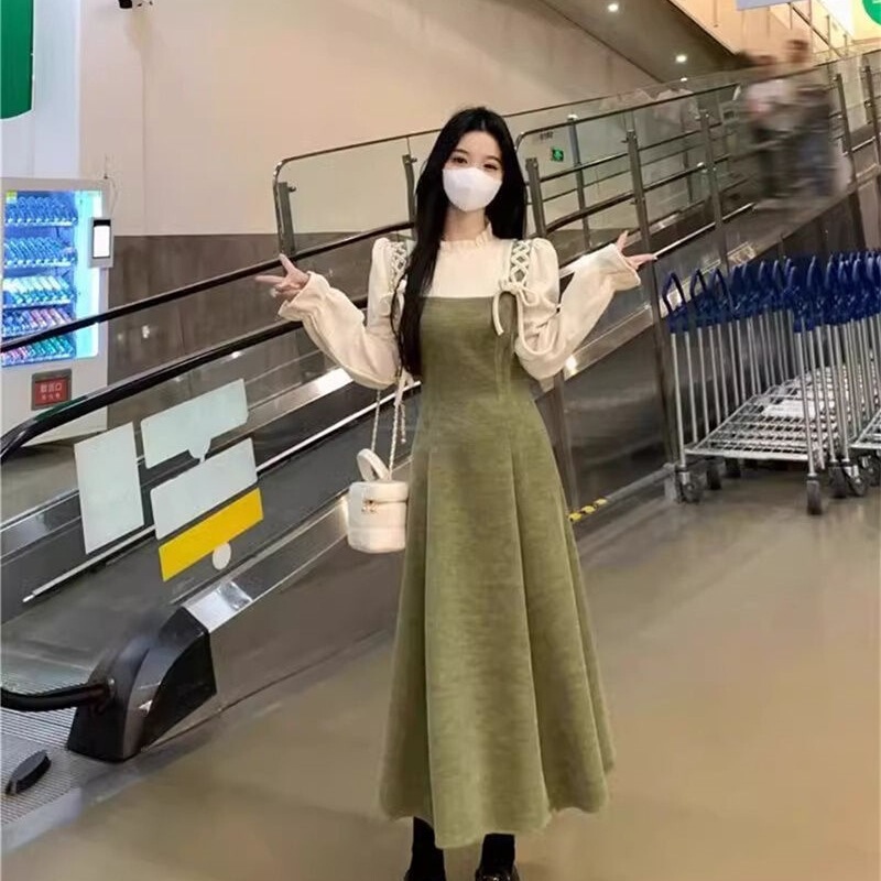 法式复古小清新假两件连衣裙秋冬2025新款显瘦气质中长款a字裙子|undefined