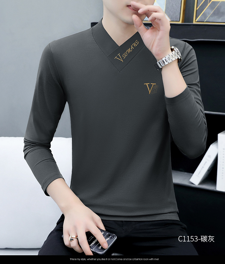 2022秋季V领新款长袖男士T恤韩版男装打底衫休闲男式T恤上衣批发 pic 12
