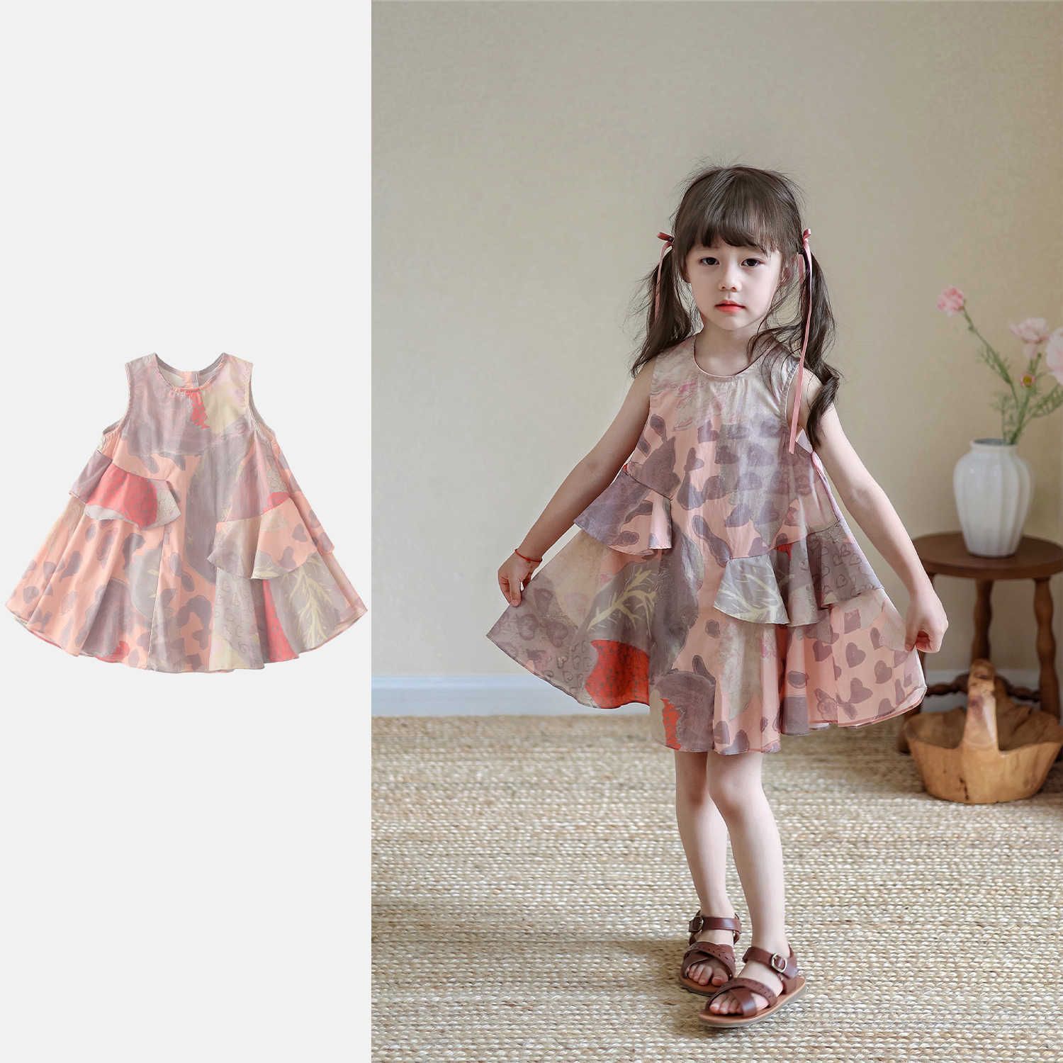Girls Dress Summer 2025 New Children's Ruffle Vest Skirt Summer Girls Fashionable Princess Dress Children's Clothing