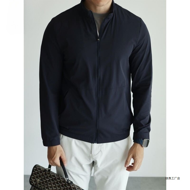 Hard-Core Thin Jacket with Small Stand-Up Collar, Cool, Breathable, Quick-Drying, Portable, Spring and Summer Palm Tree Color, Night Sea Blue