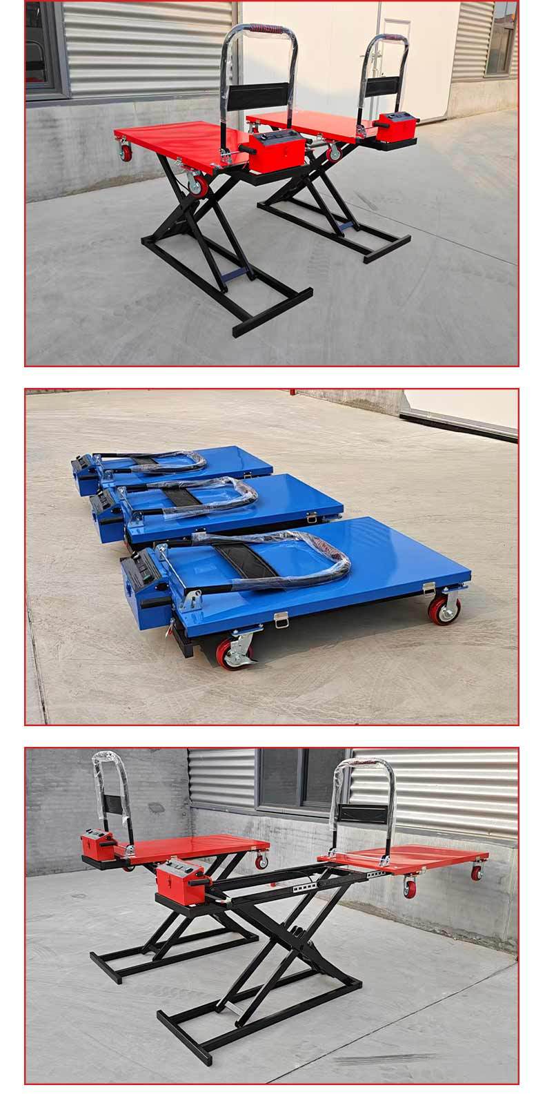 Electric trolley, hydraulic lift cart, for lifting and transporting materials in warehouses, small portable flatbed cart