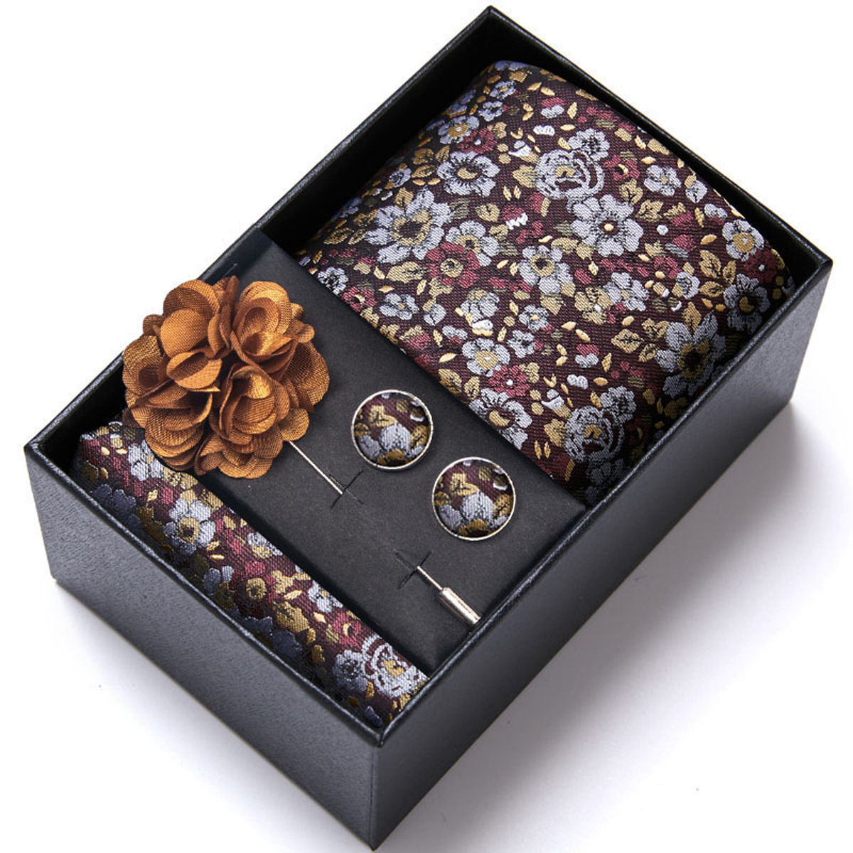 男性の新しい青いストライプのプリントネクタイのスカーフのカフスの胸の花のギフトボックスの包装の贈り物の佳品は祝日に適します。