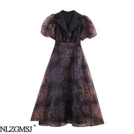 2026春季新款欧美风简约复古风欧根纱泡泡袖收腰长裙