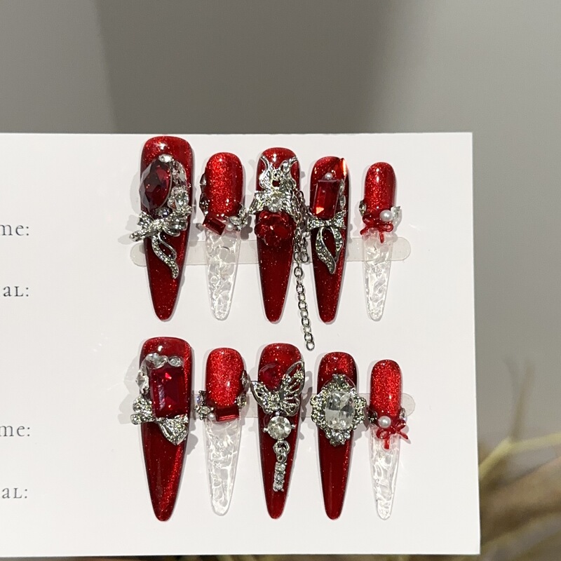 Purely Handmade Wearable Nails with a High-End Feel, Wine Red Cat-Eye Long Style New Year Nail Pieces, European and American Style Elaborate Fake Nail Stickers