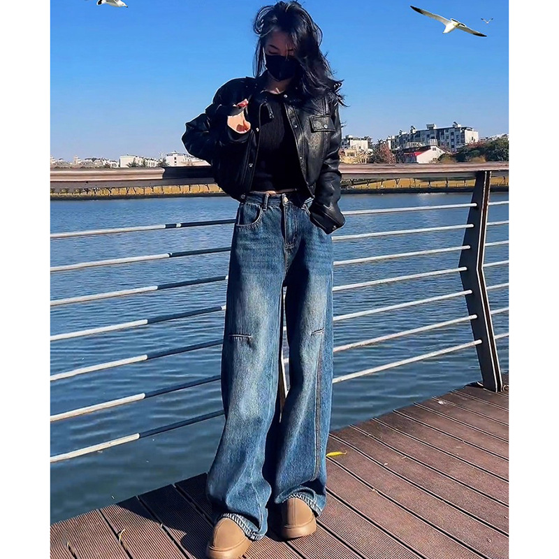 2503中性潮流街头阔腿牛仔裤女春秋季新款设计感高腰拖地牛仔裤