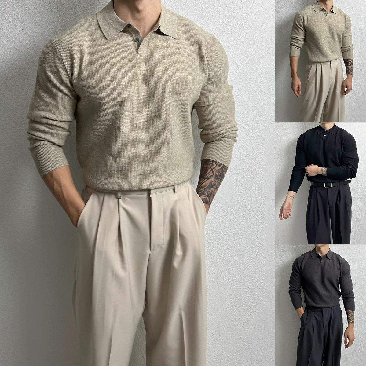 Oversized Polo Knit Sweater For Men – Business Casual Long Sleeve Pullover, Plus Size European Fit (Black/Beige/Gray)_viptrois.com