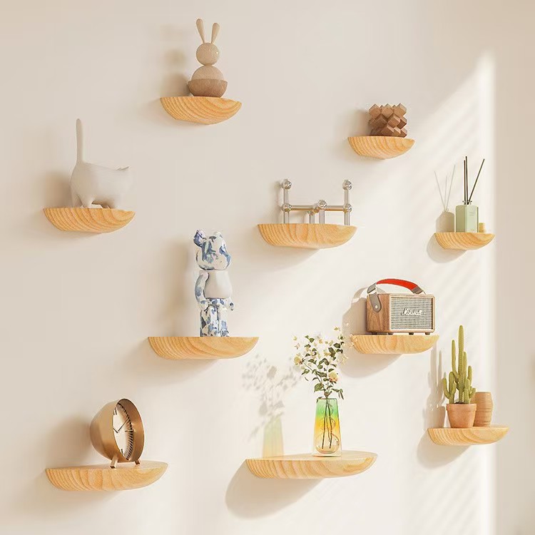 No-drill Semi-circular Solid Wood Shelf Wall-mounted Storage Rack...