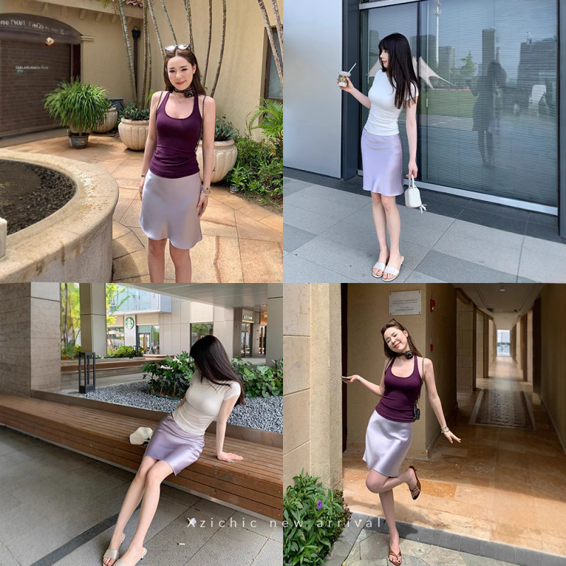 Xzichic缎面感醋酸半身裙女2025夏季新款摩登侧隐拉链斜裁短裙子|undefined