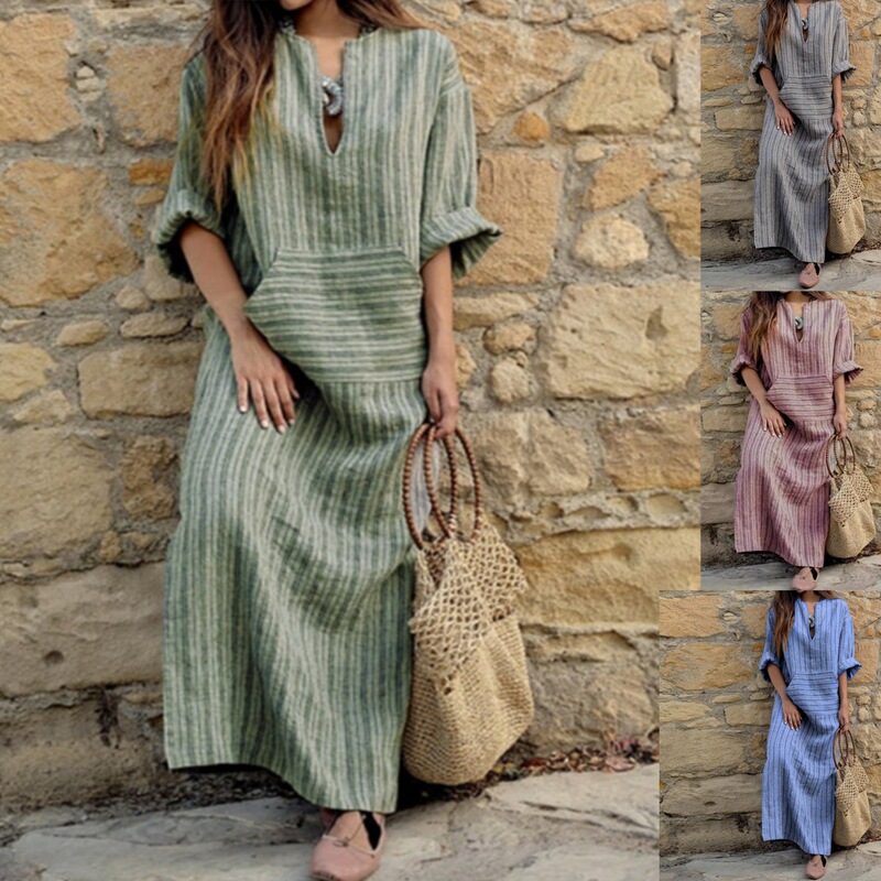 Large Stock of Ready-To-Ship Items: Amazon Women's Pocket Dress, European and American Style, Cotton and Linen, Striped, Loose Long Dress Large Stock of Ready-To-Ship Items: Amazon Women's Pocket Dress, European and American Style, Cotton and Linen, Striped, Loose Long Dress