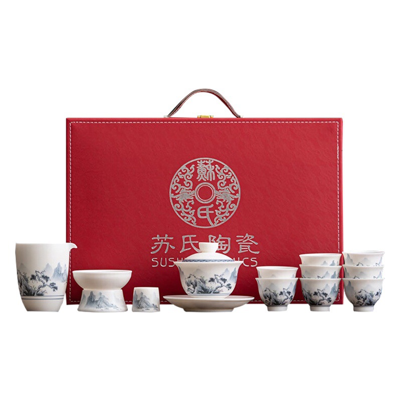 Su juego de té Blanco chino de cerámica Jiangshan hermoso color ovejas grasa Jade Kung Fu juego de té traje caja de regalo Dehua cerámica