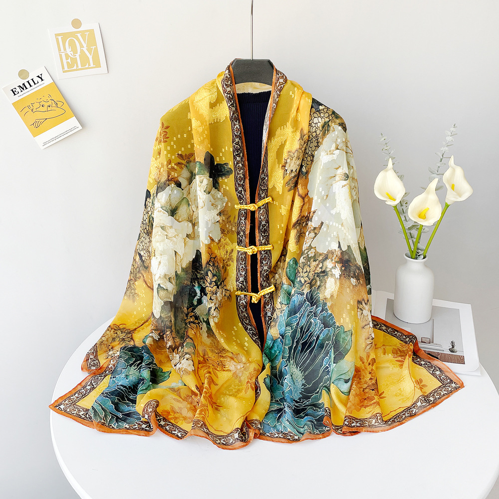 Neuer Sonnenschutz-Schal aus hohlem Seidenschal für Damen mit Pfingstrosen-Print in Gold_voghion.com