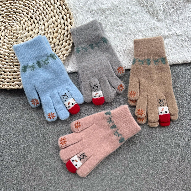 女性用ウール手袋、冬のかわいい雪だるまニット、タッチスクリーン、厚くて暖かい、サイクリング、5本指、冬用防寒綿|undefined