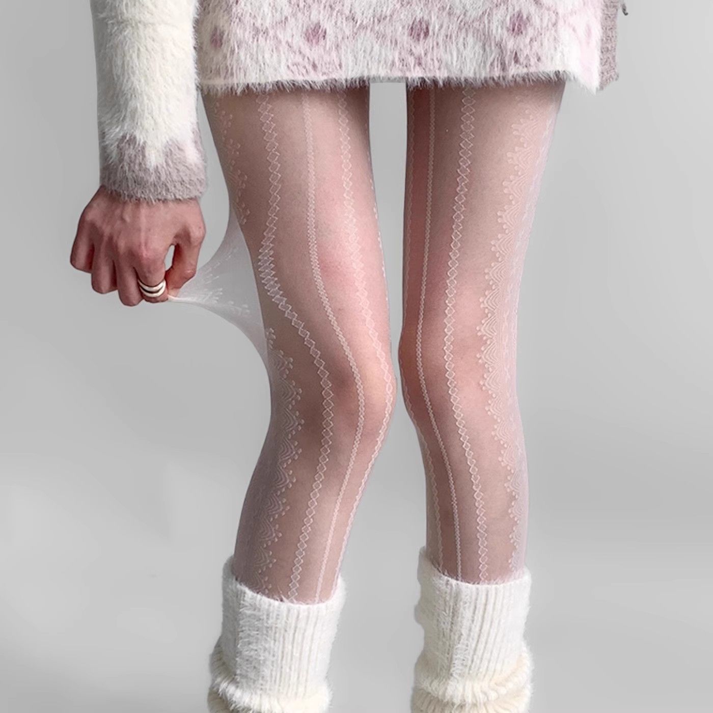 Spring and Autumn Thin Pantyhose with a Bare-Leg Effect, Lace Stockings with a Sexy Striped Design, White Sheer Stockings