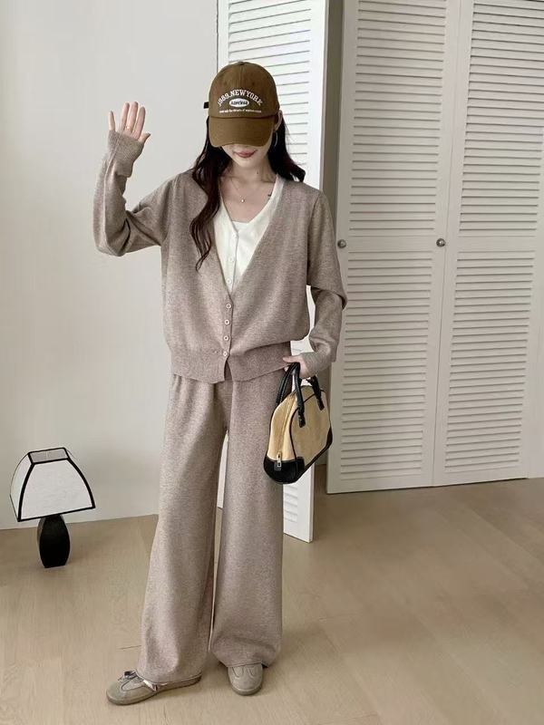 假两件针织套装女秋冬新款跨境慵懒风休闲毛衣开衫＋阔腿裤两件套|undefined