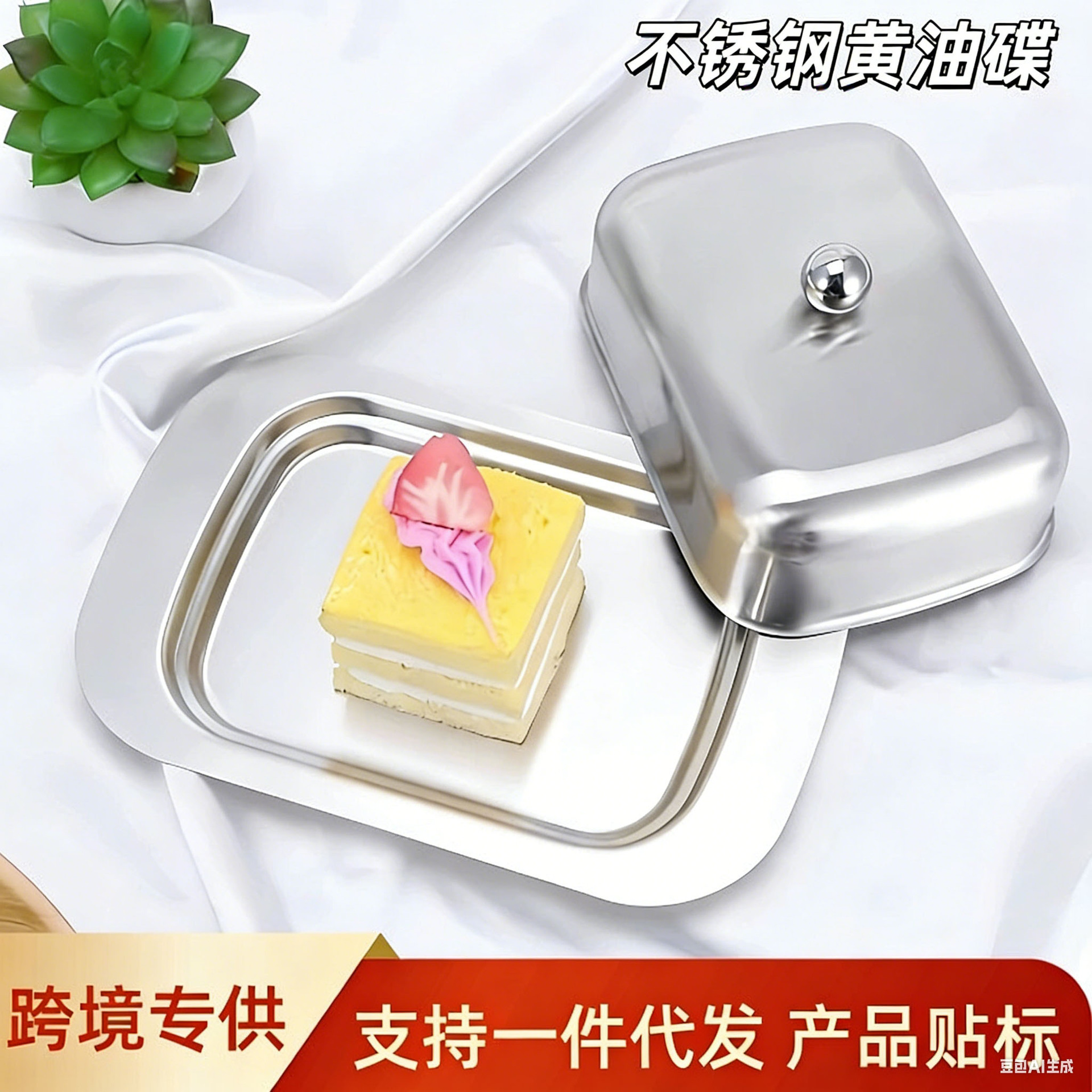 跨境不锈钢黄牛油盒奶酪碟黄牛油盘透明盖点心盒奶酪盒大量现货