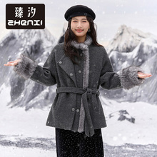 臻汐新款时尚毛条拼接立领夹棉加厚保暖系带收腰毛呢外套女CR306