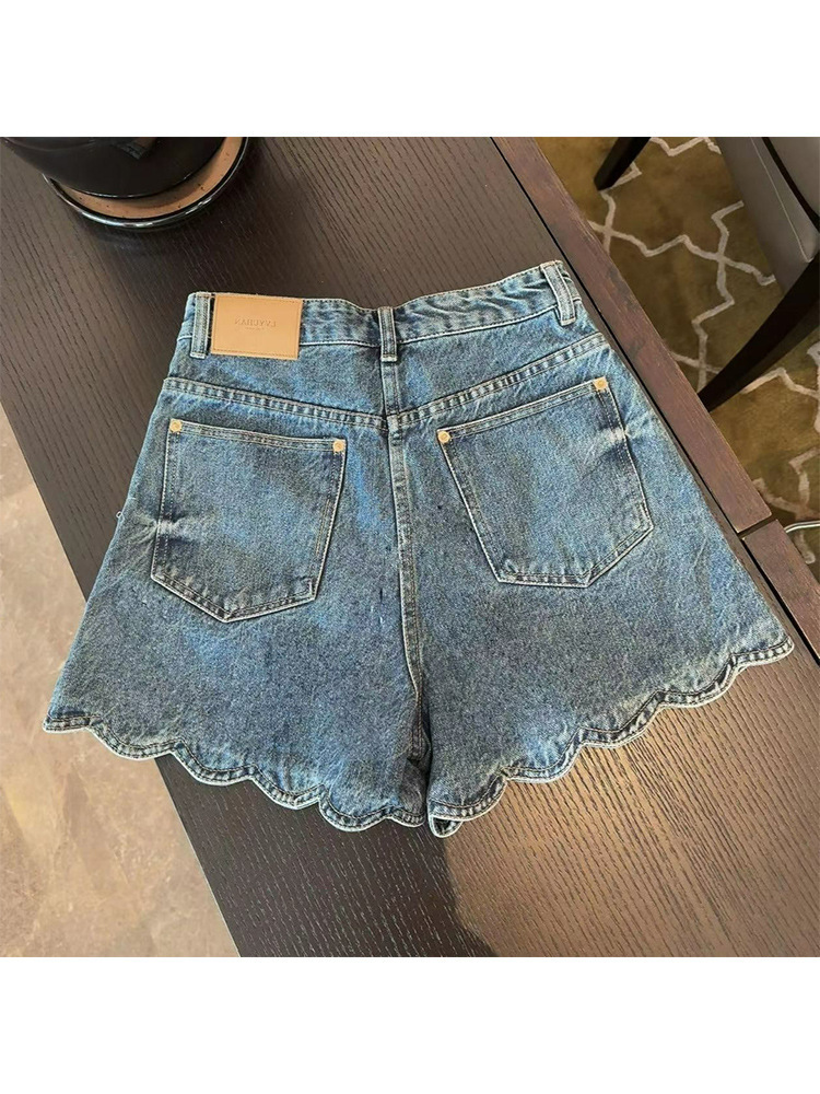 Quần short jean nữ ống lượn sóng phong cách cổ điển Mỹ FL231457 — Màu xanh lam