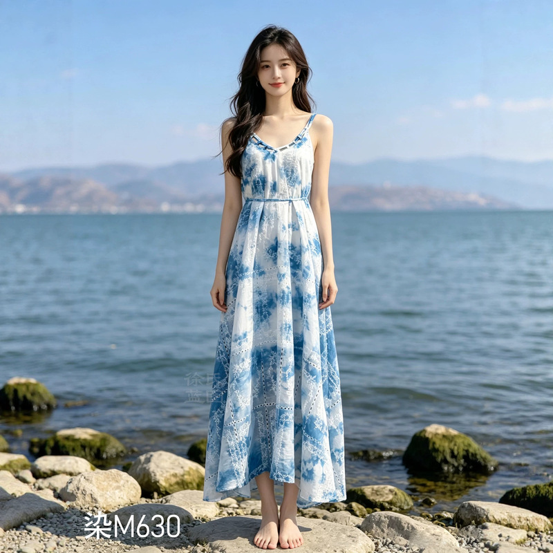 Dali Handmade Tie-Dye Tall Women's Dress for Summer Vacation, Casual Hollow-Out Pattern Loose Waist-Cinching Strap Long Dress Dali Handmade Tie-Dye Tall Women's Dress for Summer Vacation, Casual Hollow-Out Pattern Loose Waist-Cinching Strap Long Dress