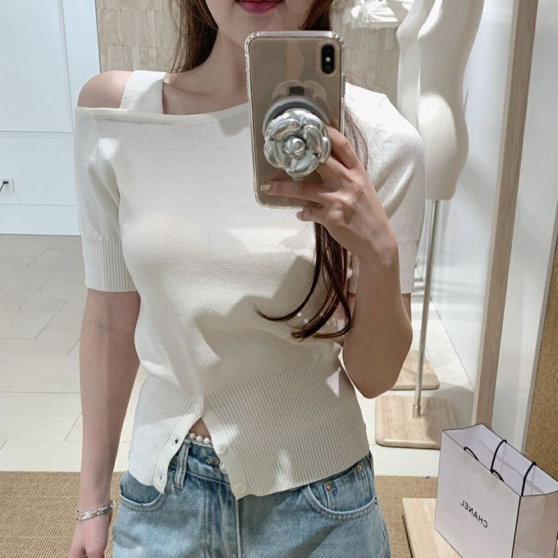 高级感时尚气质韩系氛围感下摆开衩设计露肩小衫女装毛织针织衫|undefined