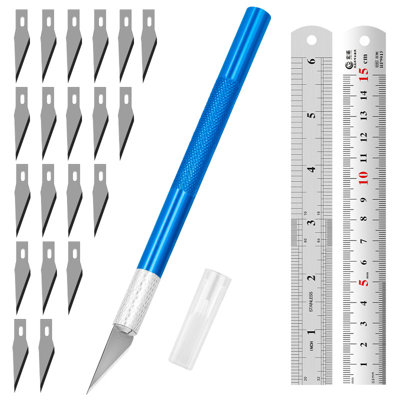 Juego de herramientas de tallado transfronterizo: cuchillo y regla de acero, cuchillo para manualidades con kit de cuchillas, regla de acero inoxidable de 15 cm para uso en bricolaje.