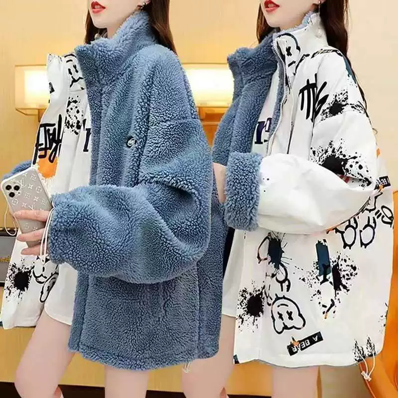 Женская двусторонняя куртка на флисовой подкладке, утепленная, осенне-зимняя, в корейском стиле, свободный кардиган, хлопковое пальто, свитшот, двусторонняя носка.