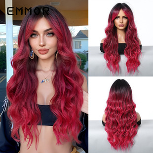 Meila Red Gradient Eight-character Bangs Big Wave Long Curly Hair Natural Fashion Full Halloween Wig