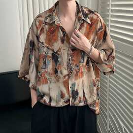 花衬衫男夏复古短袖冰丝衣服潮男款港风衬衣男装穿搭寸衫休闲上衣