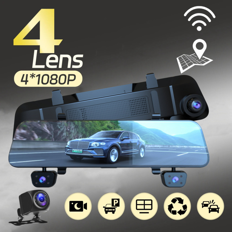 Driving recorder rearview mirror four lens WiFi HD 1080P reversing image full screen touch four recording with display