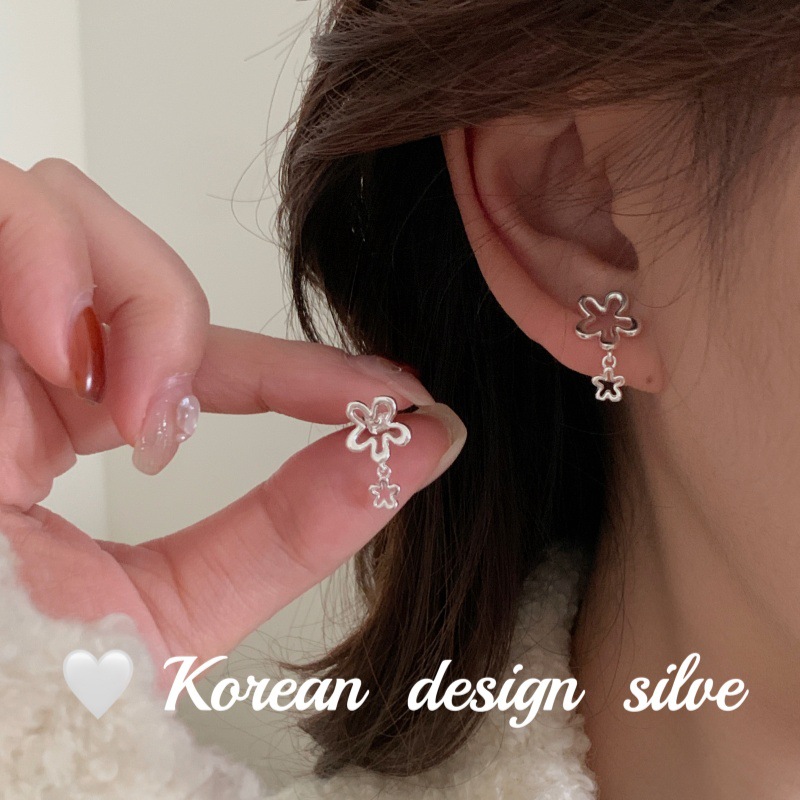 韓國春夏新款ins風小眾飾品  S925純銀簡約鏤空花朵耳釘時尚耳飾