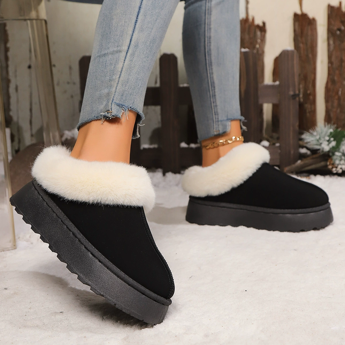 Platform ankle boots, faux‑fur lined warm slip‑on, plus sizes 36–43, black or yellow