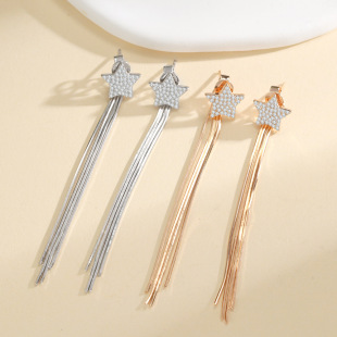 Sterling silver S925 Mossan diamond tassel five-pointed star earrings Bohemian retro ethnic style exaggerated personality creative