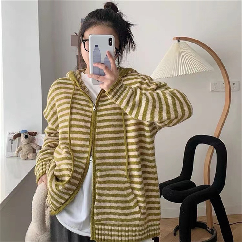 Striped cardigan sweater for women, 2022 autumn new style, loose zipper, outerwear, laid-back style knitted top jacket for women pic 13