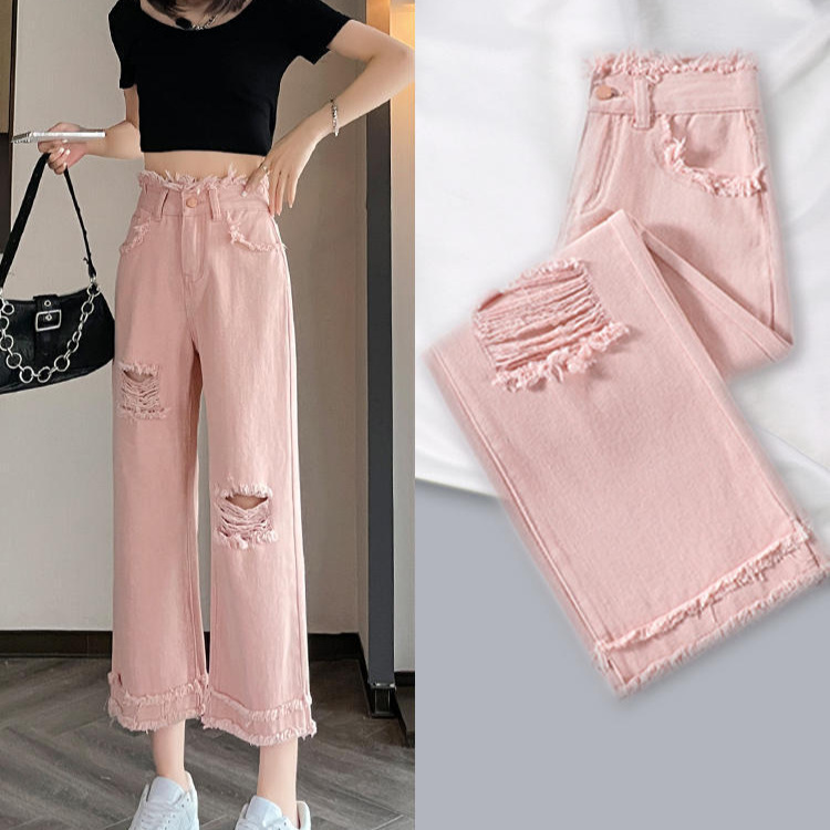 Dirty Pink Ripped Straight Jeans Women's Slim Autumn New High Waist Small Wide Leg Cropped Trendy Pants for Children