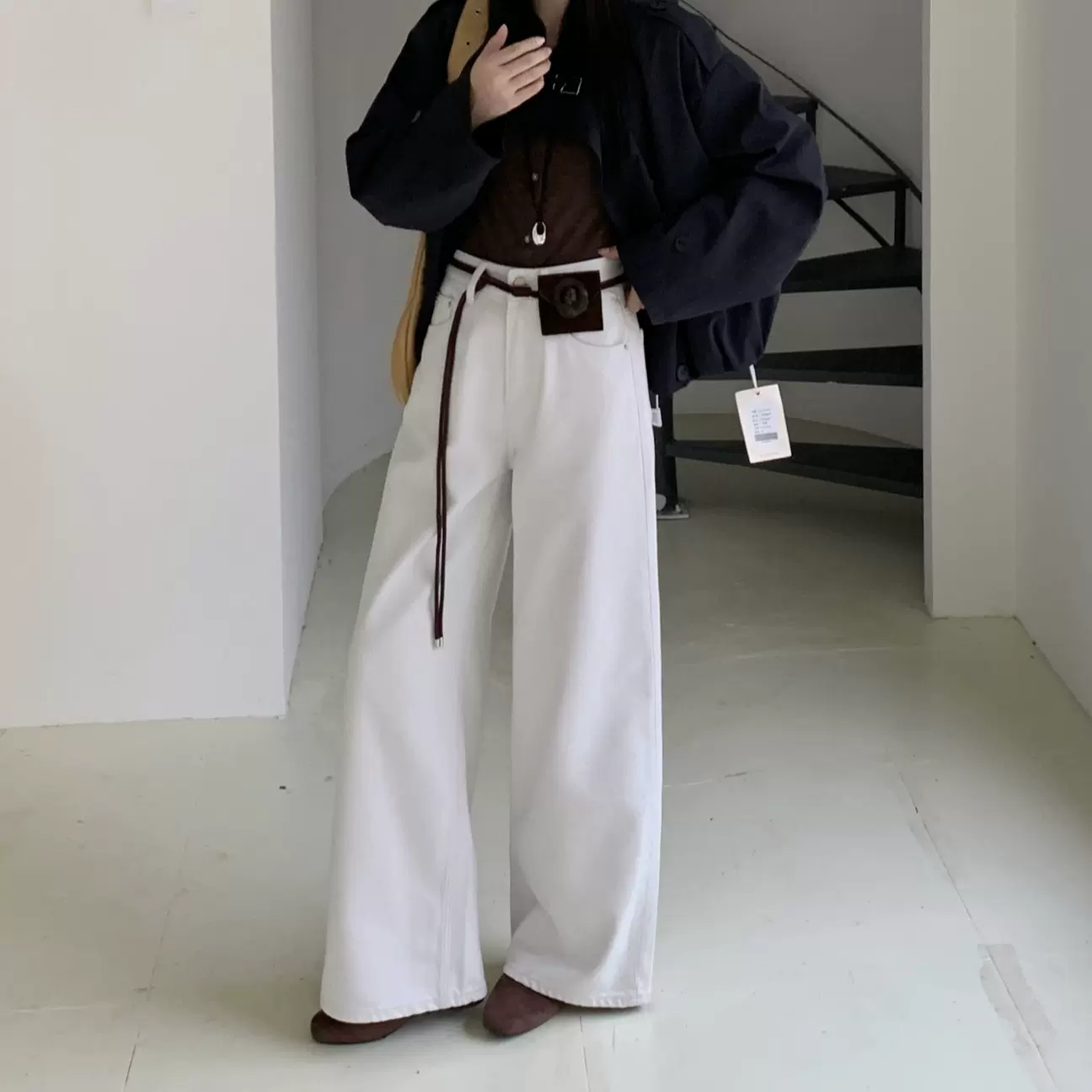 冬上新 十三行白色休闲加绒牛仔阔腿裤女+腰带宽松显瘦垂感长裤