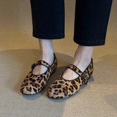Languanバージョン~2025新作ニッチヒョウ柄馬毛ワンストラップ浅口シューズレディースフラットメリージェーンシューズ