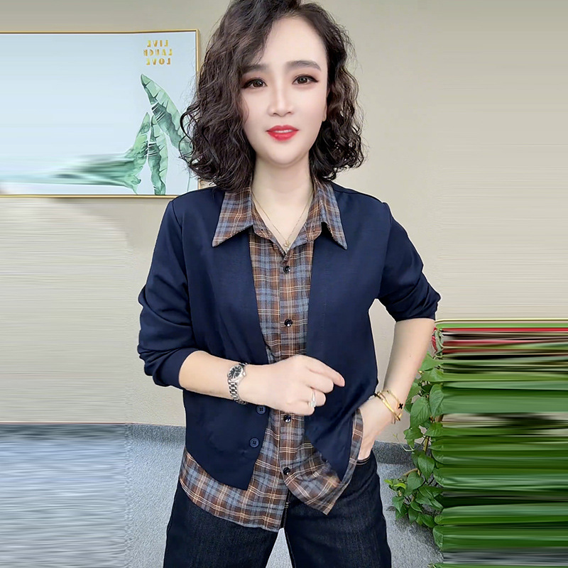 时尚长袖衬衫女2025秋季新款洋气显瘦百搭假两件格纹拼接衬衣上衣|undefined